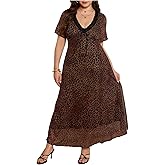 BEAUDRM Women's Plus Size Leopard Midi Dress Y2k Bow Lace Cheetah V Neck Short Sleeve Summer Dresses