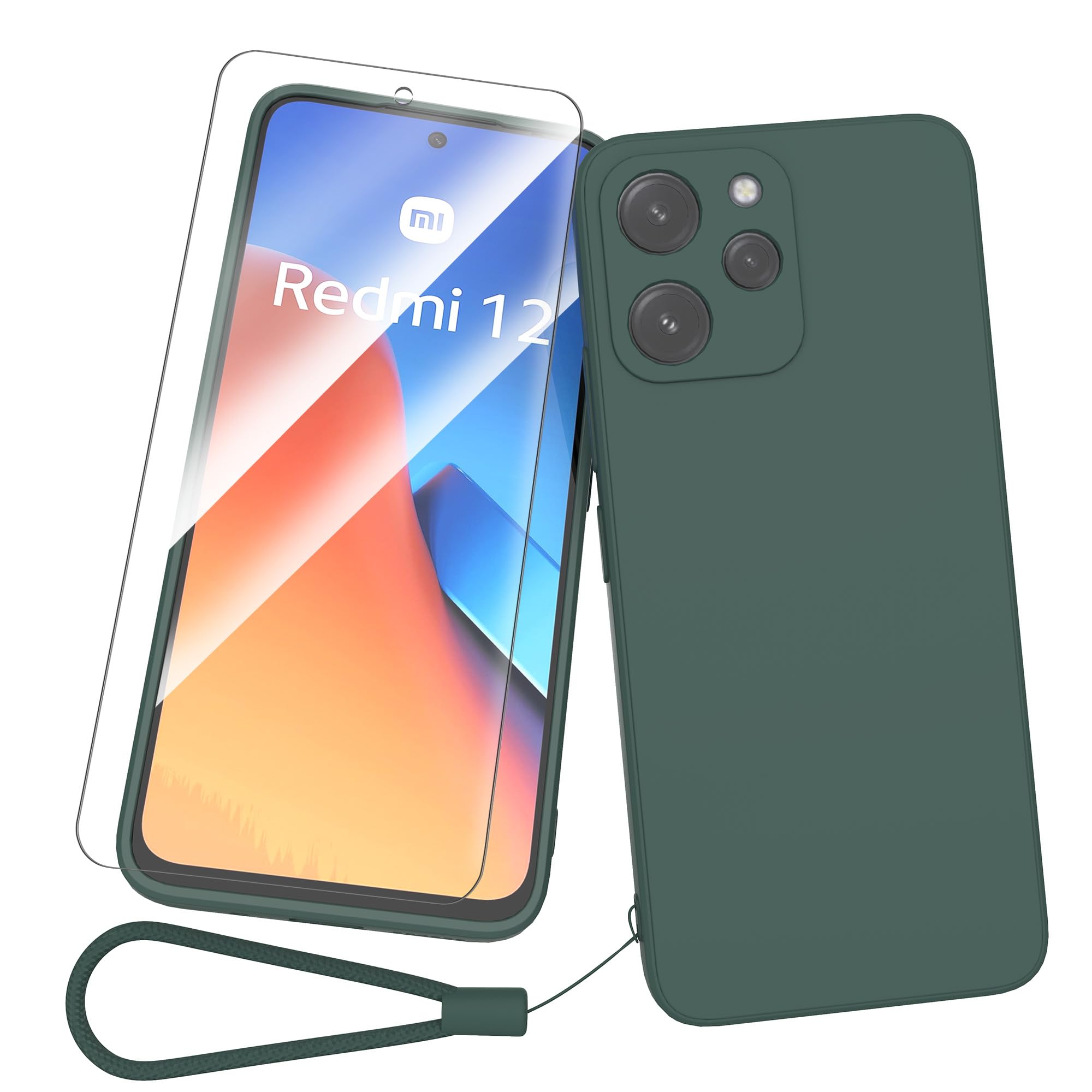Fyriswho Case for Xiaomi Redmi 12 4G/5G, Soft Liquid Silicone Thin Case Cover [Scratch-Resistant Mobile Phone Case] [Shockproof Protective Case] with 1 Piece Protective Glass - Dark Green