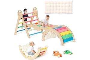 ElegantCrafts Pikler Triangle Set with Cushion, Montessori Climbing Set, Indoor Climb Toys, Indoor Playground Jungle Gyms, 9 Combinations Climbing Toy Set for Toddler, Baby, Kids 1-4