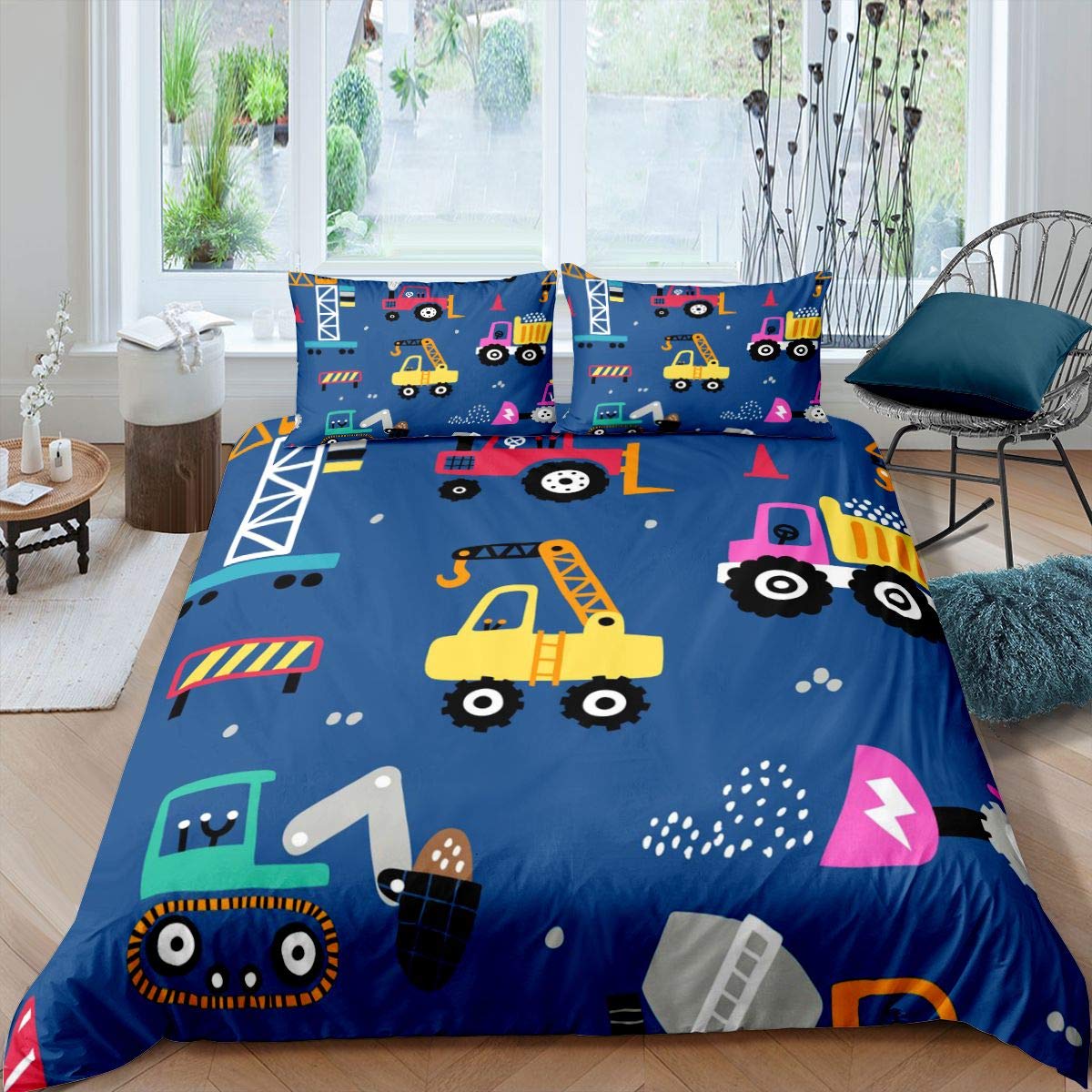 Homemissing Kids Excavator Duvet Cover Construction Vehicles Comforter Cover Cartoon Heavy Machinery Cars Bedding Set For Adults Dark Blue Bedding & Linen Ultra Soft Double
