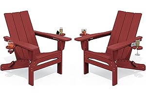 SERWALL Adirondack Folding Chair with Dual Cup Holders, All Weather Resistant Modern Adirondack Chair Set of 2, HDPE Adirondack Chair Outdoor, Red