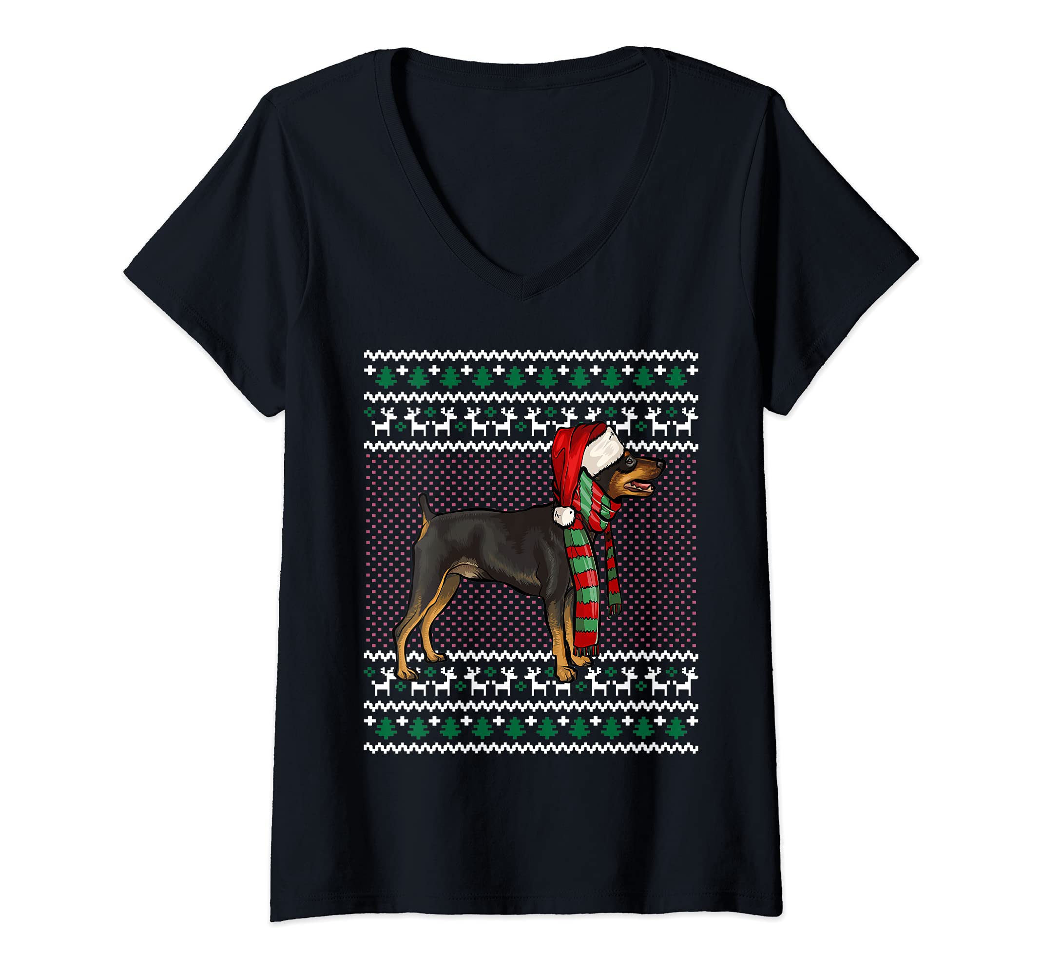Womens Xmas Miniature Pinscher Dog Santa Hat Ugly Christmas V-Neck T-Shirt