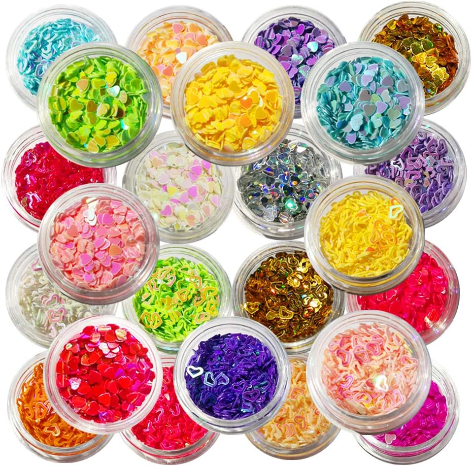 24 Boxes Heart Glitter Flakes Nail Decals Art Supplies, Eyeshadow Makeup Colorful Nail Glitter for Slime Supplies Kit DIY Design Face Body Make Up Decoration Resin Charms Gift