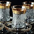 Vissmarta Vintage Turkish Tea Glasses Cups Saucers Set of 6 for Women Glassware Drinking Party Arabic Style Teacups Moroccan Persian Coffee Adults Fancy Decorative Tray Gold Drinkware