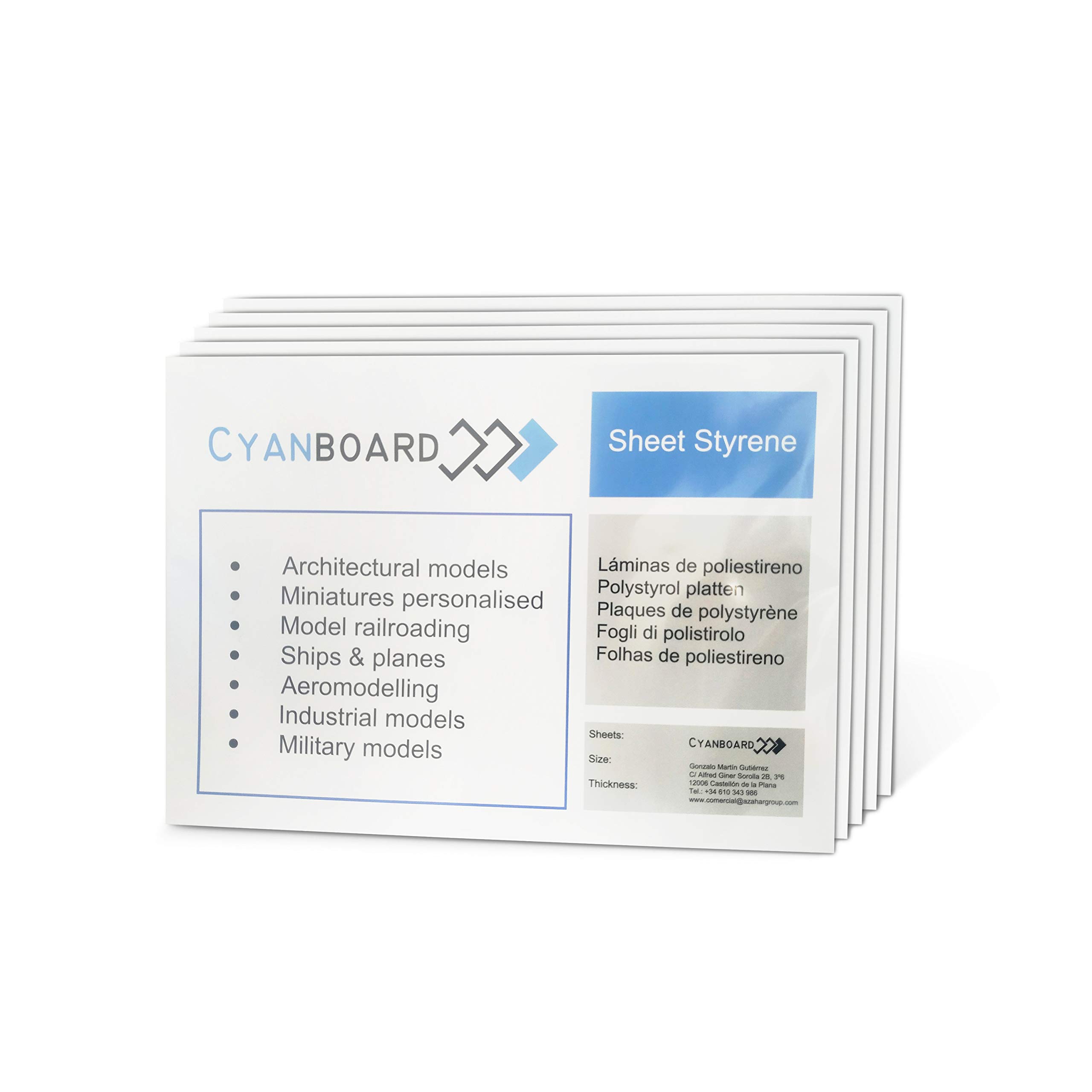 Cyanboard, PS Rigid Polystyrene Plates A5 Size (210mm x 148mm) Plasticard for Model and Model Making (1.5mm x 6 Pack)