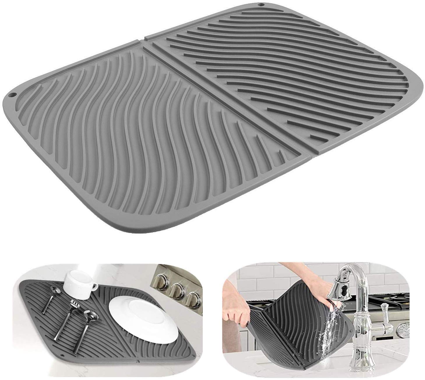 Silicone Dish Drying Mat - Large Draining Board Mat for Kitchen, Heat Resistant, Quick Drying - 17*12'' Washing Up Drainer Mat by IYYI (Grey, 17*12")