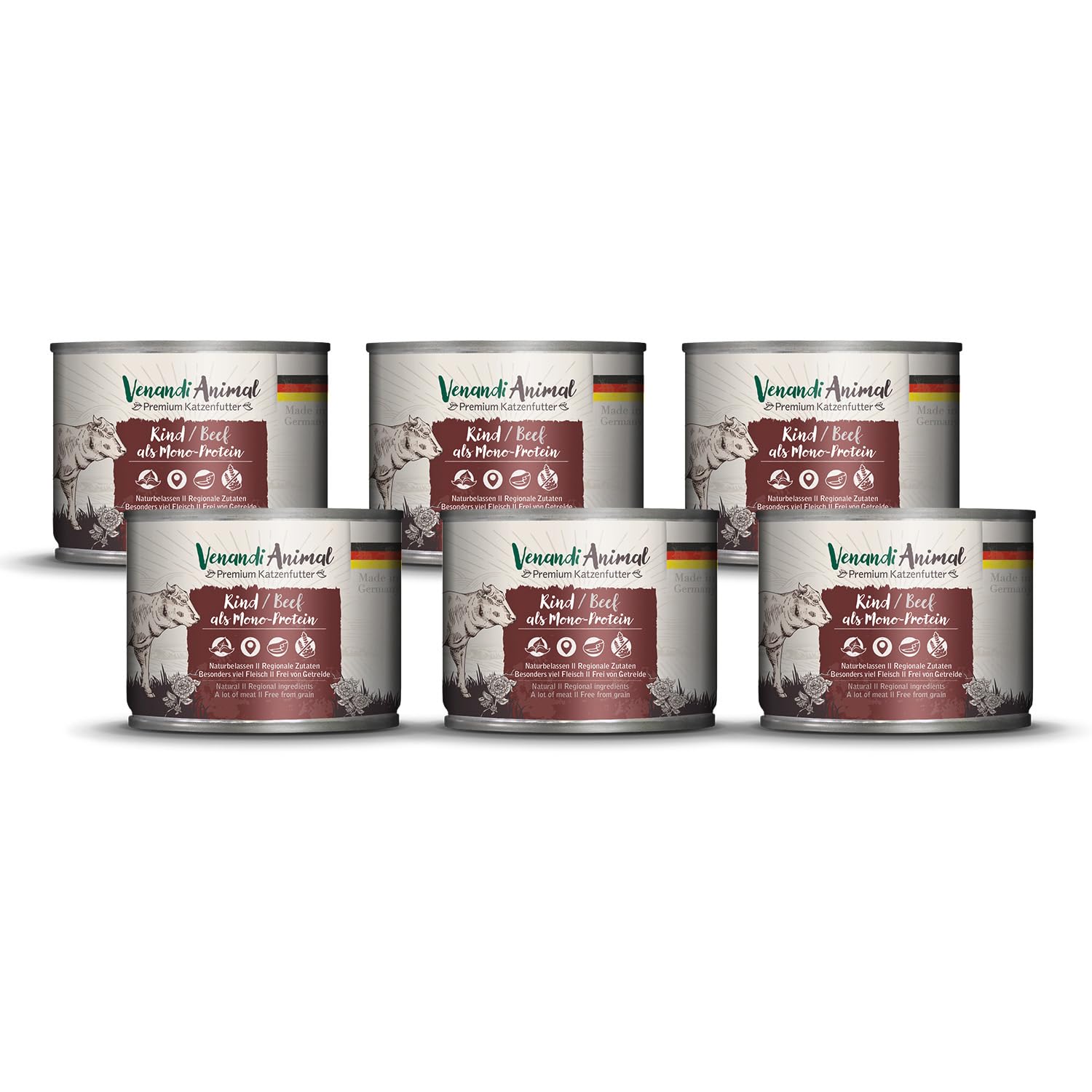Venandi Animal Premium Cat Food, Beef as Monoprotein, Wet Food, Grain-Free and Natural, Pack of 6 (6 x 200 g)