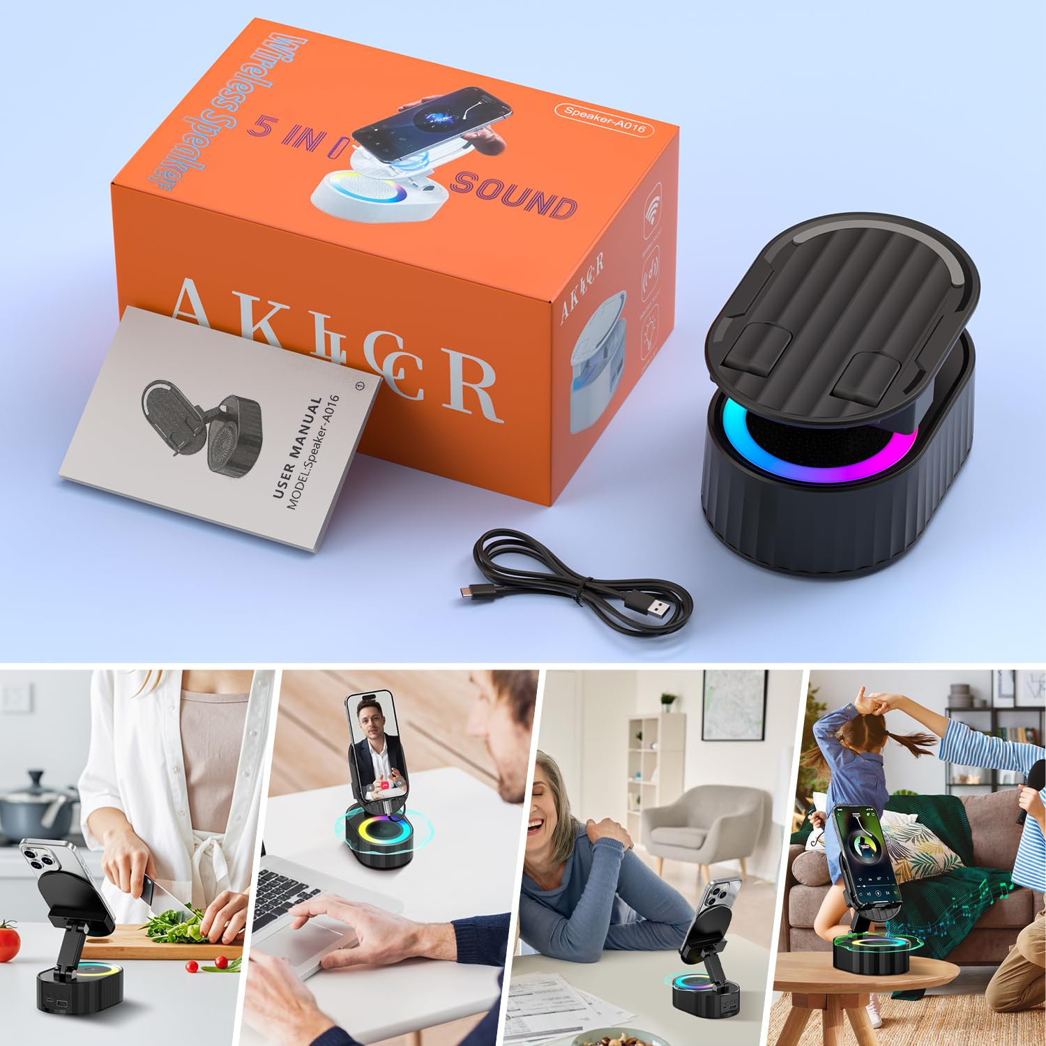 Wireless Induction Audio Bluetooth Speaker 5in1 Phone Holder Emergency Rechargeable (3000mAh) with Colorful Ambient Light 300° Foldable for Tablet iPhone Android, Gifts for Men Women (Black)