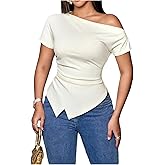 SHENHE Women's Off Shoulder Ruched Short Sleeve Top Asymmetrical Dressy Going Out Shirt