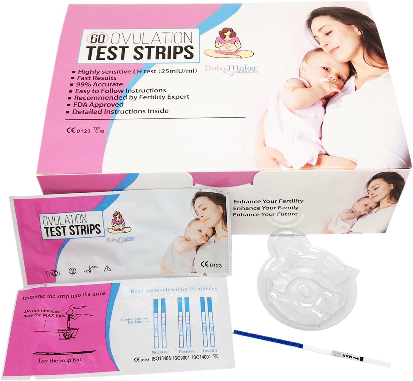 Baby Maker Products 60 Ovulation LH Test Strips One Step Urine Cup Predictor Pregnancy Kit Pack