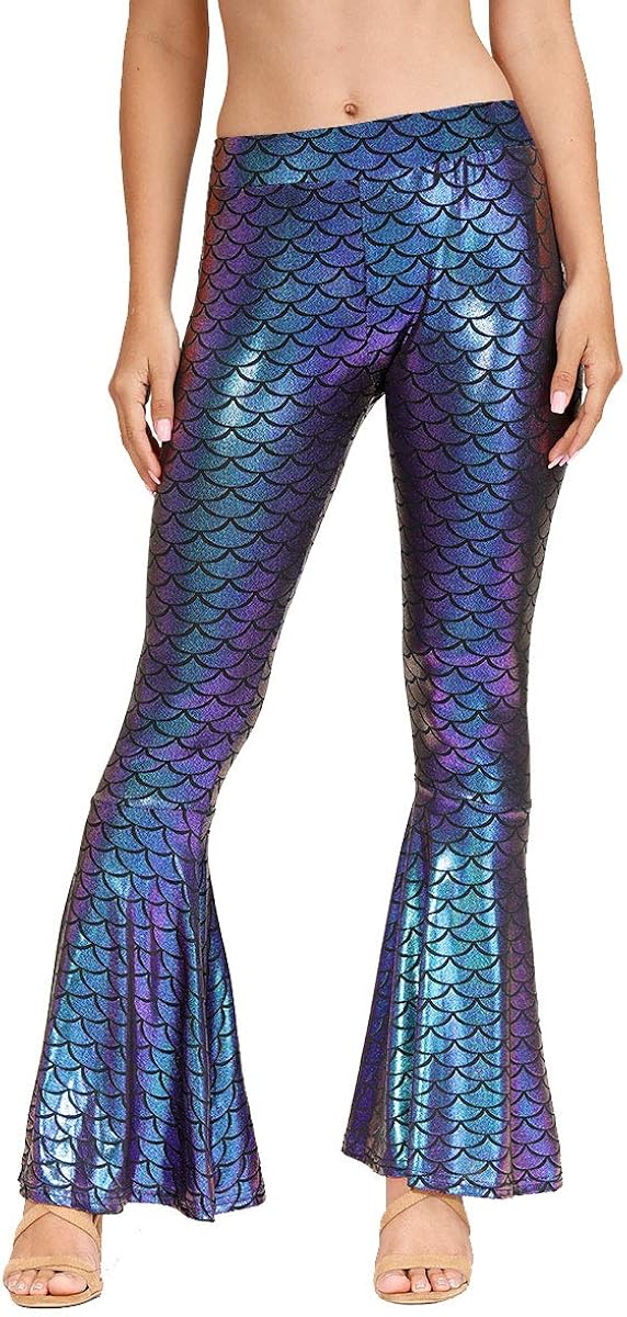 Spadehill Halloween Women's Mermaid Flared Shiny Legging Pants: Clothing