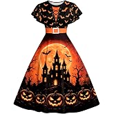 WOSHN Halloween Dress for Women Halloween Ruffle Sleeve Party Dresses | Womens Halloween Pumpkin Castle Dress Spooky Season Outfit Bloody Nurse Graphic Dresses Halloween Crewneck A-Line Dress