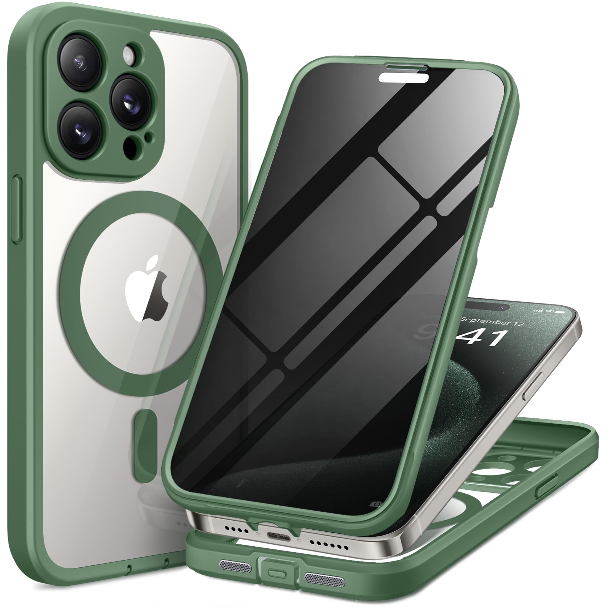 Photo 1 of TIESZEN for iPhone 15 Pro Case, Compatible with MagSafe, Built-in Privacy Screen Protector and Camera Protection, Anti Spy Full Body Dustproof Shockproof Hard Phone Case 6.1", Pine Green