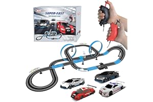 AGM MASTECH Slot Car Race Track Set, High Speed Series Tram Dual Track Set with 4 Licensed Racing Slot Cars, 2 Hand Controls, Track Parts and Lap Counter, 8.4M Long Track, Color Box