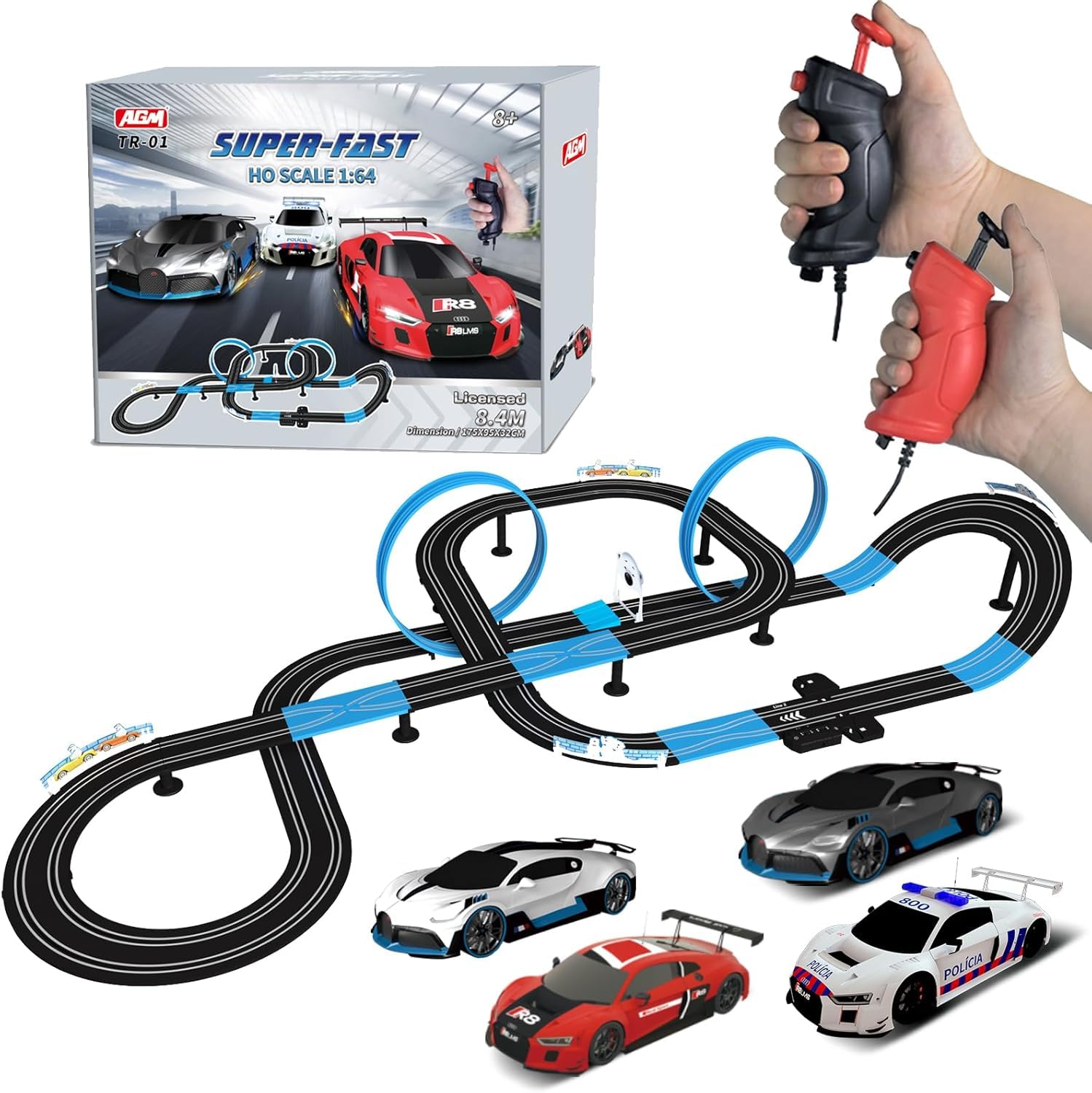 AGM MASTECH Slot Car Race Track Set, High Speed Series Tram Dual Track Set with 4 Licensed Racing Slot Cars, 2 Hand Controls, Track Parts and Lap Counter, 8.4M Long Track, Black