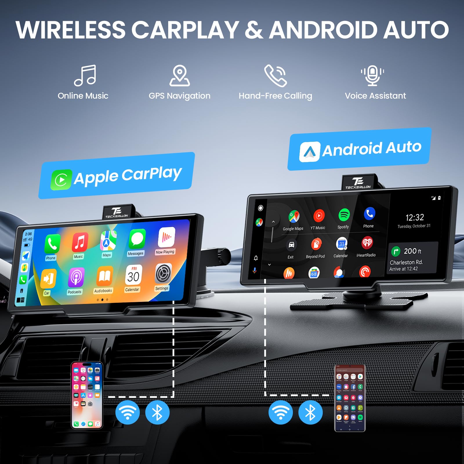 TECXERLLON 10.26'' Wireless Carplay Screen for Car with 4K Dash Cam & 1080P Backup Camera, Portable Car Audio Receivers with Carplay & Android Auto, GPS Navigation, Airplay, Mirror Link