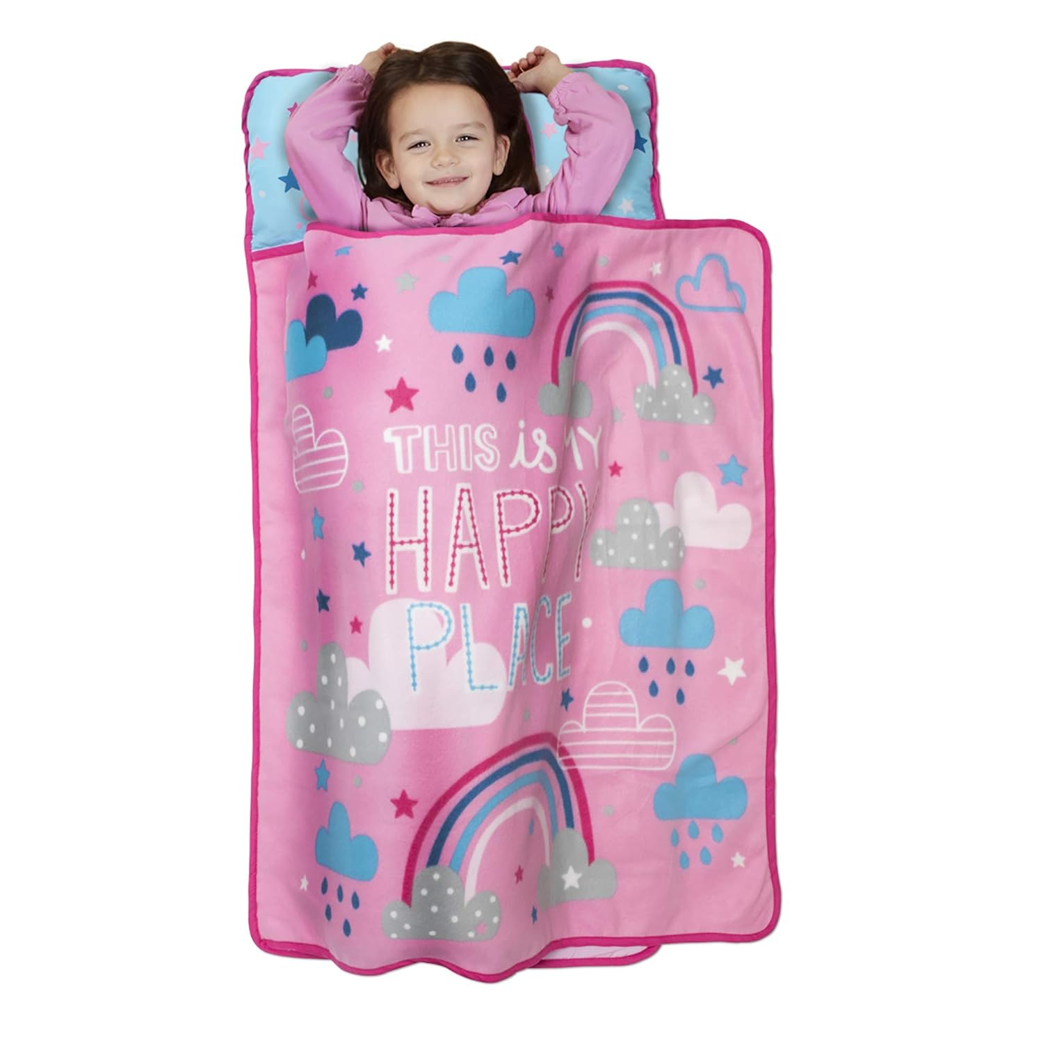 Funhouse Happy Rainbows Kids Nap Mat Set – Includes Pillow and Fleece Blanket - Great for Girls Napping During Daycare, Preschool, or Kindergarten - Fits Toddlers and Young Children: Baby
