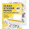 90% Clear Sticker Paper for Inkjet Printer - (40 Sheets), 8.5 x 11" Letter Size, Transparent Glossy, Printable Vinyl, Water-Resistant - Easy to Use for Creative Projects