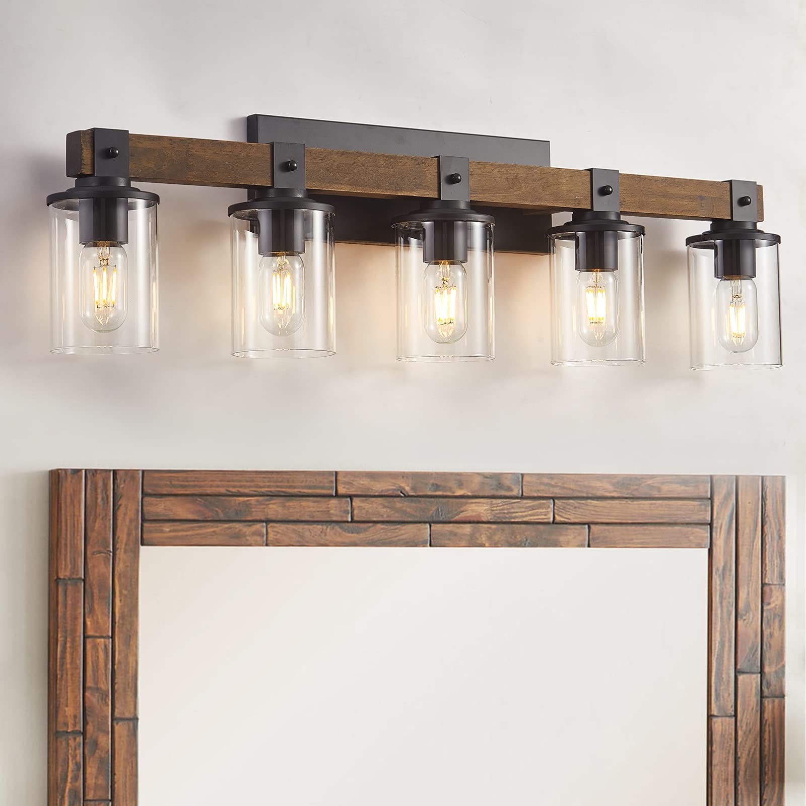 Photo 1 of DADUL 5-Light Farmhouse Bathroom Vanity Light, Wood & Black Wall Sconce for Bathroom, Bedroom