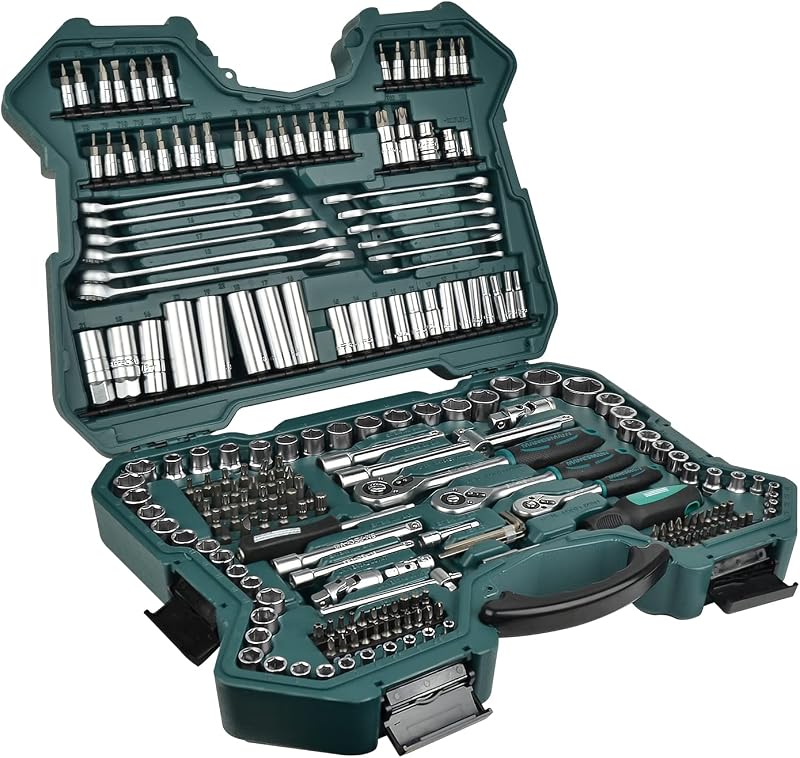 Mannesmann M98430 - Caixa com chaves de encaixe e outras ferramentas (215 peças, tamanho: 12x36x51 cm), Cor Verde Mannesmann