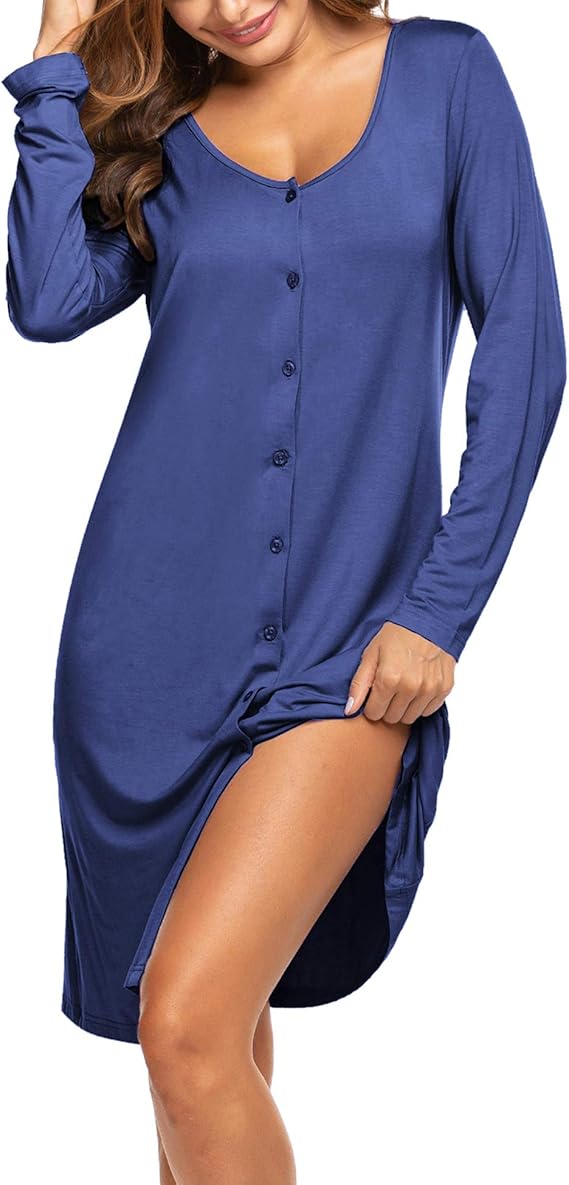 Ekouaer Women's Nightdress Long Sleeve Sleep Shirt VNeck Button Down