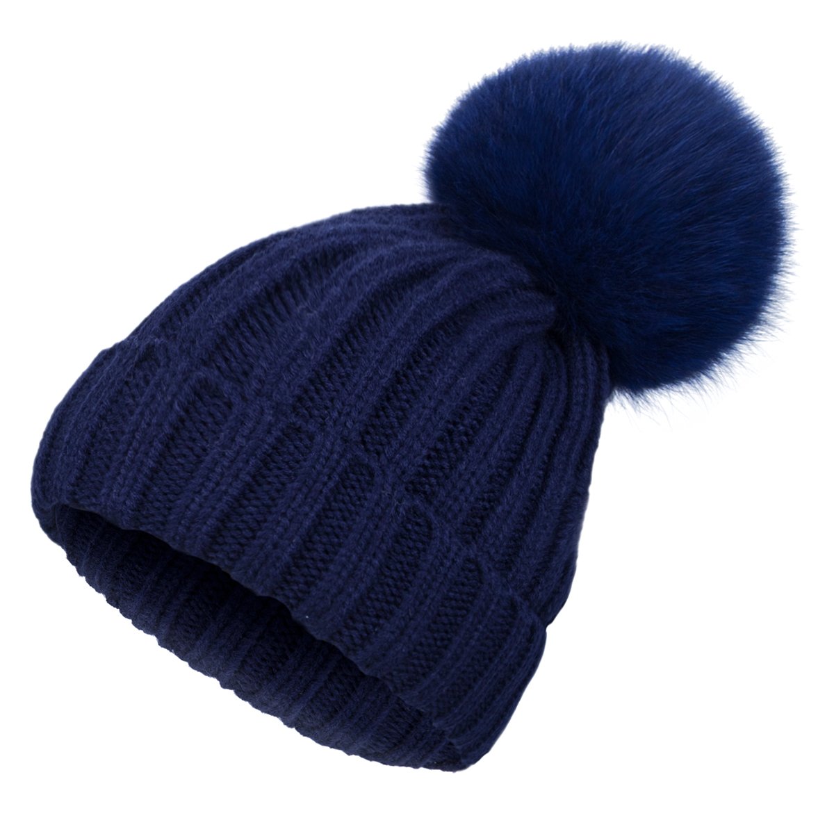 EVRFELAN Winter Hand Faux Fur Hat Pompoms Beanie Cable Knit Warm Family Crochet Ski Skull Cap for Girls (fox dark blue)