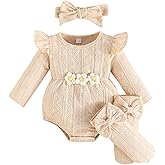 Kunyeah 3Pcs Baby Girl Outfits Infant Ruffle Romper Long Sleeve Bodysuit+Bow Hairband+Socks Newborn Flower Jumpsuit