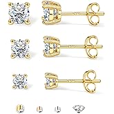 GEMQUEEN 3 Pairs Moissanite Earrings Studs 14K Gold Plated S925 Sterling Silver Flat Back Earring for Women Men - Hypoallergenic Set Cartilage Helix Piercing Jewelry Trendy Thanksgiving Christmas Gifts D Color VVS1 1.8CT