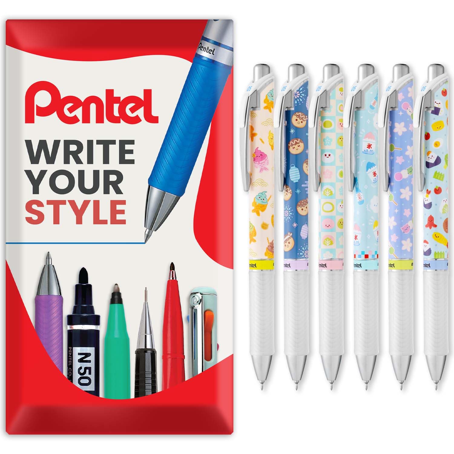 Pentel Energel BLN75 Retractable Gel Ink Rollerball Pen - 0.5mm - 54% Recycled - Black Ink - In Envelope Gift Packaging (6 Pack, Mixed)