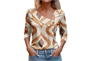 Attine Spring Going Out Tops for Women 2024 Cute Print T Shirts Long Sleeve V Neck Blouse Asymmetric Lapel Button Tees Shirts