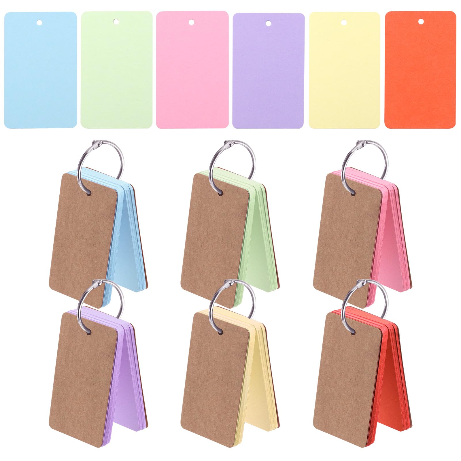 Rustark 300Pcs 2.2 x 3.5 Inches / 9 x 5.4cm 6 Colors Index Cards with Rings Blank Easy Flip Flash Card Study Note Cards Thick Memo Card for Office School Learning Memory