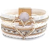 Leather Wrap Bracelet for Women Beaded Cuff Bracelet with Heart-shape Decor Bohemian Crystal Bracelet Jewelry with Clasp Bangle Bracelet for Women Girls Birthday Holiday Gift