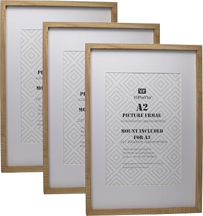 YiPinYin Natural Wood Effect A2 Boxed Frames Set of 3 with Mounts for A3