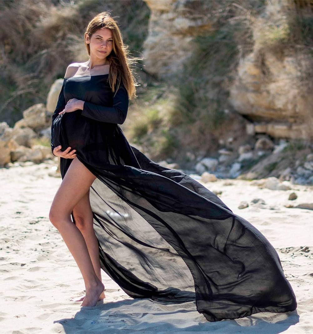 ZIUMUDY Maternity Maxi Chiffon Photography Dress Split Front Gown for Photoshoot (Black) at  Women’s Clothing store
