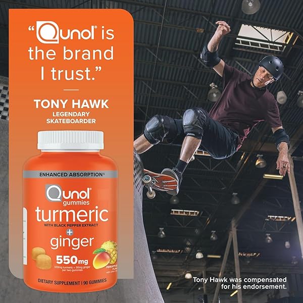 QUNOL TURMERIC AND GINGER WITH BLACK PEPPER GUMMIES, TURMERIC CURCUMIN SUPPLEMENT, JOINT HEALTH SUPPORT GUMMY, 90CT GUMMIES