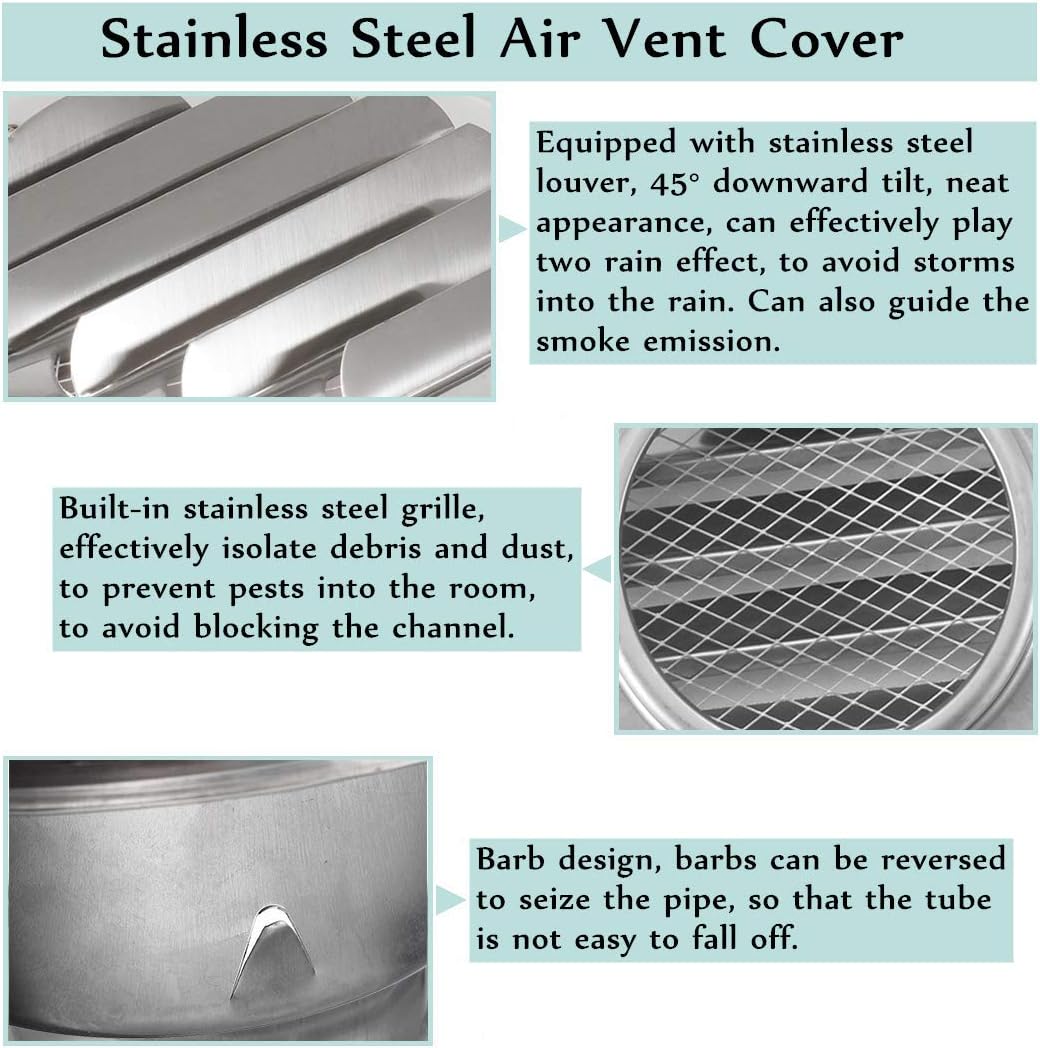 AZITICY Stainless Steel Wall Ventilation Ducting Hose Air Outlet Inlet 100mm Air Vent Grille Cover Metal with Protective Mesh (4 Inch) - Image 5