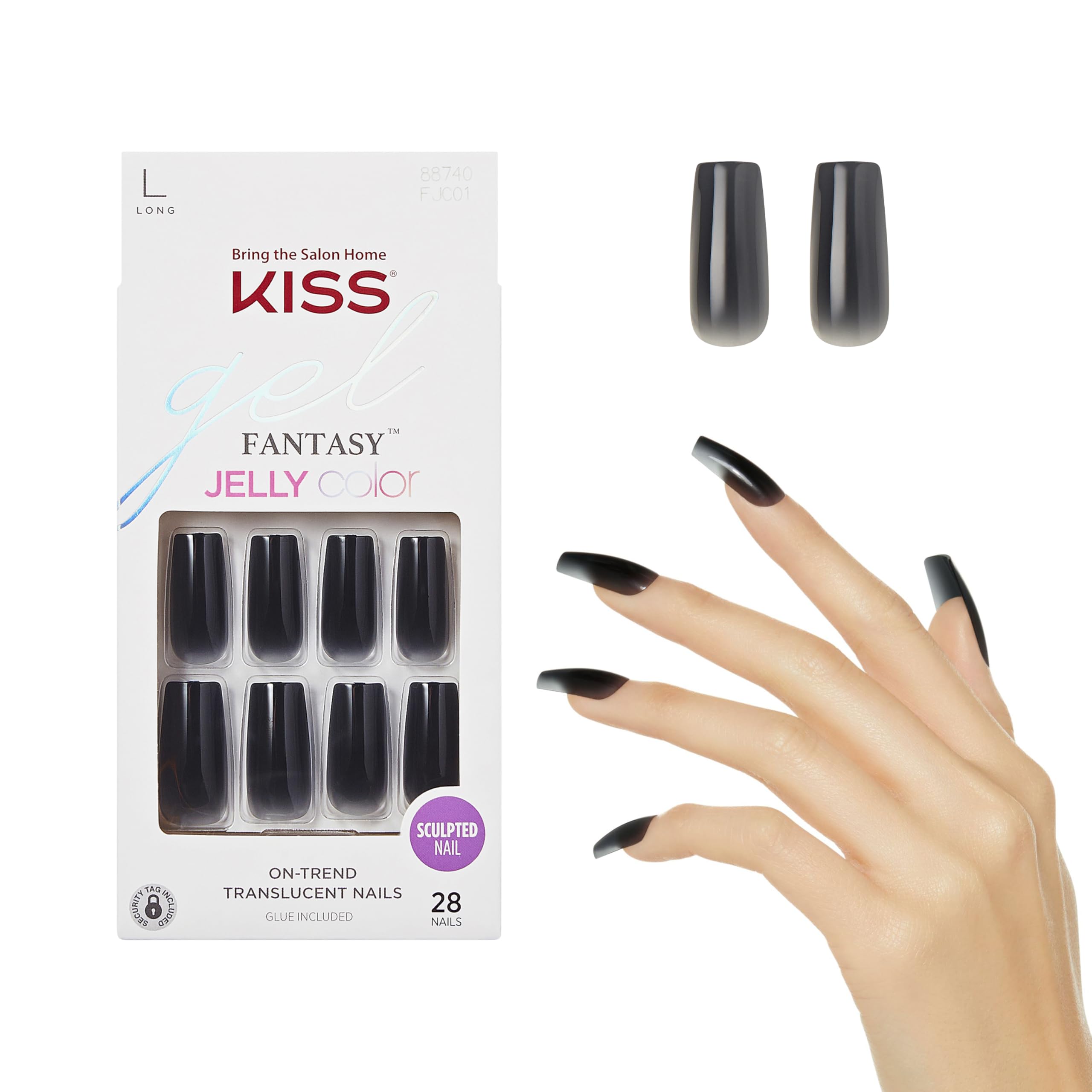 KISS Jelly Fantasy Fake Nails - Jelly Gelée, Black Sculpted, Long Square Translucent, Ready To Wear, Professional Quality, Minutes To Apply, Easy Removal| 28 Count…