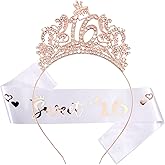 CIEHER Sweet 16 Birthday Sash and Crown Set - Rose Gold 16th Birthday Headband and Sash for Girls, Best 16th Birthday Gifts for Girls