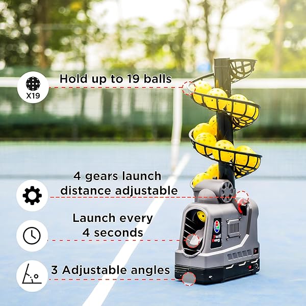 681PBH PICKLEBALL MACHINE WITH AUTO SWING, 3 ANGLES & 4 SPEEDS ADJUSTABLE, PORTABLE PICKLEBALL LAUNCHER FOR INDOORS & OUTDOORS PRACTICE, POWERED BY POWER BANK/BATTERIES/AC POWER, FOR BEGINNERS