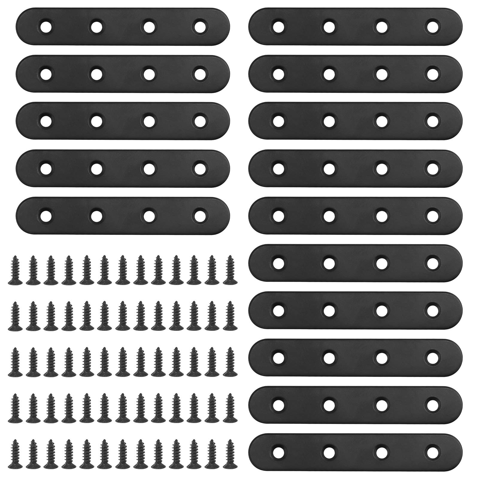 Glarks 15 Sets 100mm Flat Straight Corner Brace Black Metal Joint Plate Connector Repair Fixing Bracket with 65Pcs Screws for Wood Furniture (100x2mm)