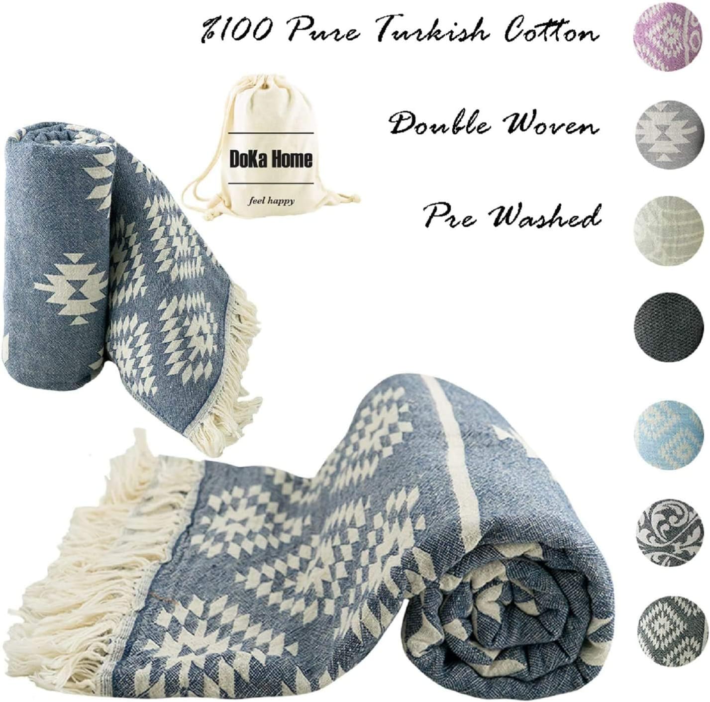 DoKa Home Turkish Towel - Full Cotton Peshtemal - Turkish Bath Towel 39x70 inches - Pre Washed, More Softly, Beach, Bath, Spa, Hammam, Super Soft Towels (Vintage Design and Blue Colors)