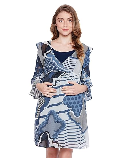 Women's V Neck Polyester 3/4th Sleeves Printed Maternity Dress (Multicolor)