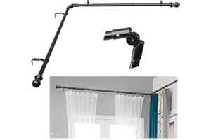 LCOKEIY Corner Curtain Rod for Windows 30 to 136 Inches, L-shaped Curved Heavy Duty Corner Window Curtain Rods, Adjustable Renter Friendly 1 Inch Black Drapery Rods for Bedroom Living Room