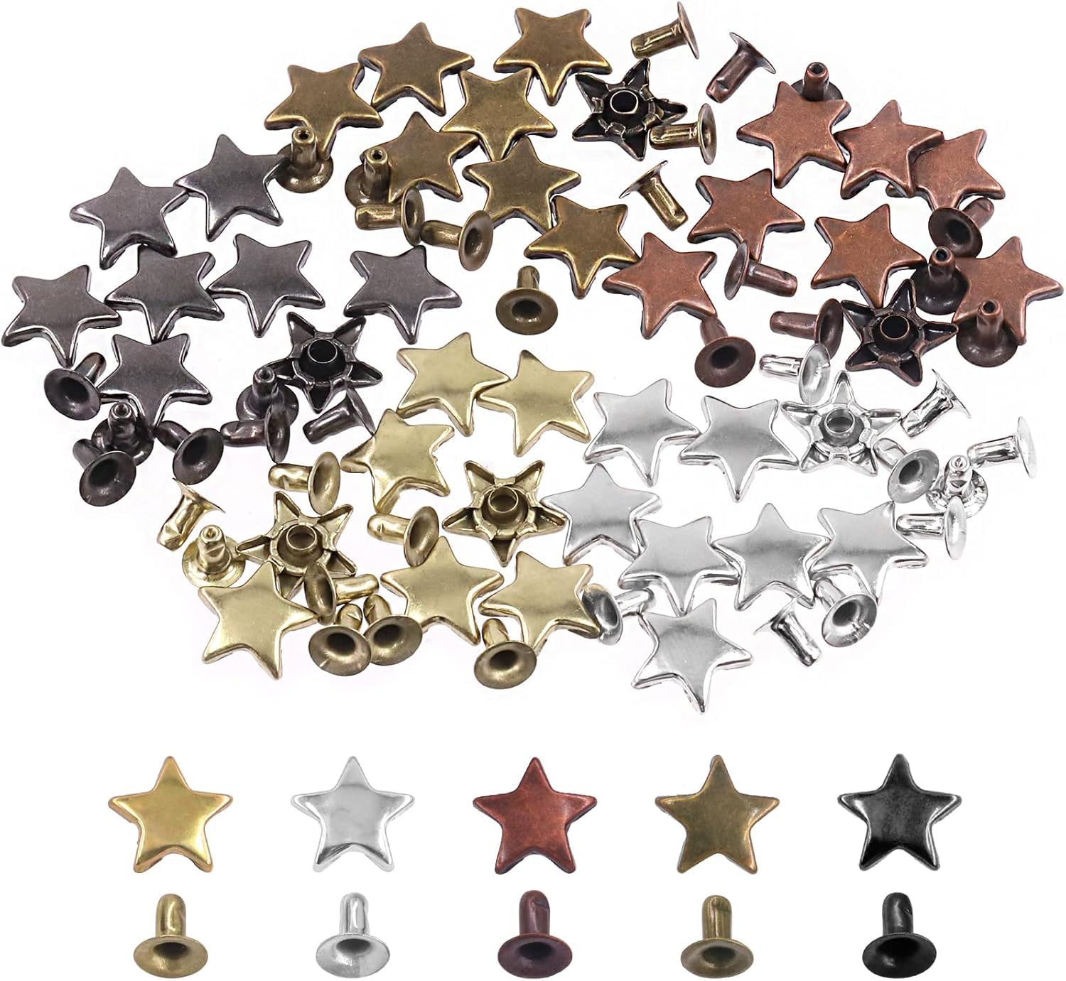 Swpeet 120Pcs Bronze 0.47x0.23" - 12x6mm Star Rivets Studs Assortment Kit, Leather Star Rivet Studs Garment Rivets Leather Rivets Studs and Spikes for Leather Craft