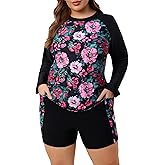 JOYBIK Women Plus Size Long Sleeve Rash Guard Built in Bra Swim Shirt and Shorts with Pockets UPF50+ Two Piece Swimsuit