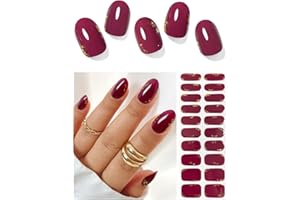 AutyaMee Semi Cured Gel Nail Strips (Plum Queen)-20 PCS Rde Gold Foil Gel Nail Stickers | Gel Nail Wraps | UV Light Required, Salon Quality & Easy to Use