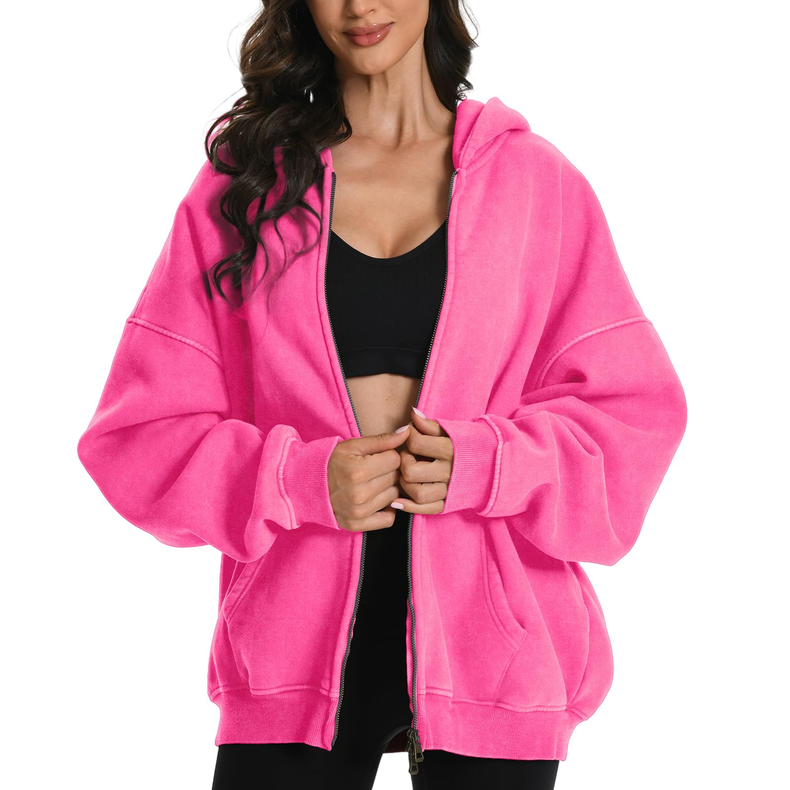 Photo 1 of FAIABLE Mens Womens Double Zip Up Hoodie Oversized Acid Wash Heavyweight Fleece Cotton Zipper Hoodie Vintage Y2k Full Zipup Couples Streetwear Pink