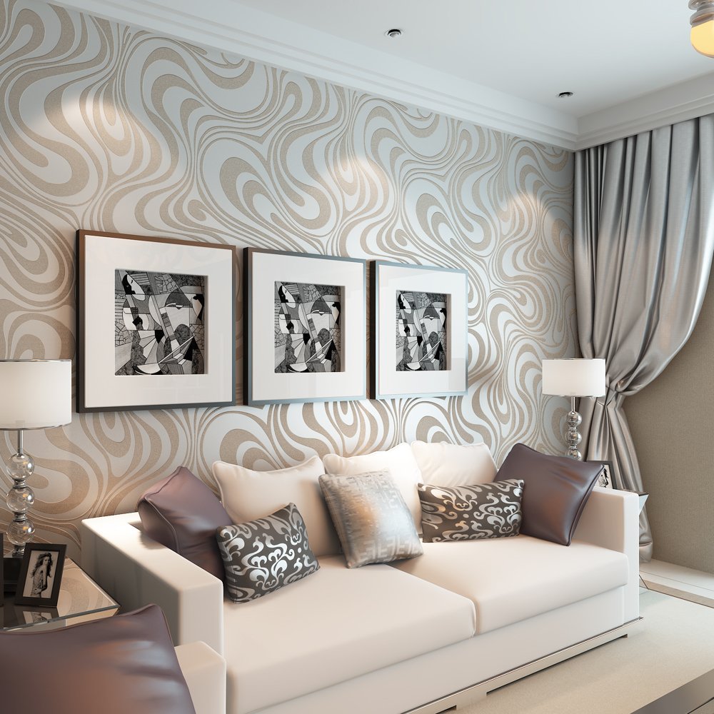 YangYun Home Decoration Modern 3D Abstract Curve Wave Non-Pasted Flocking Striped Wallpaper Roll for Living Room Bedroom Cream&Gray Color 2.3'W x 27.56'L