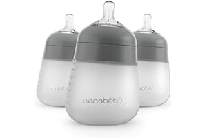 NANOBÉBÉ Nanobebe Flexy Silicone Baby Bottle, Anti-Colic, Natural Feel, Non-Collapsing Nipple, Non-Tip Stable Base, Easy to Clean, 3-Pack, Gray, 9oz