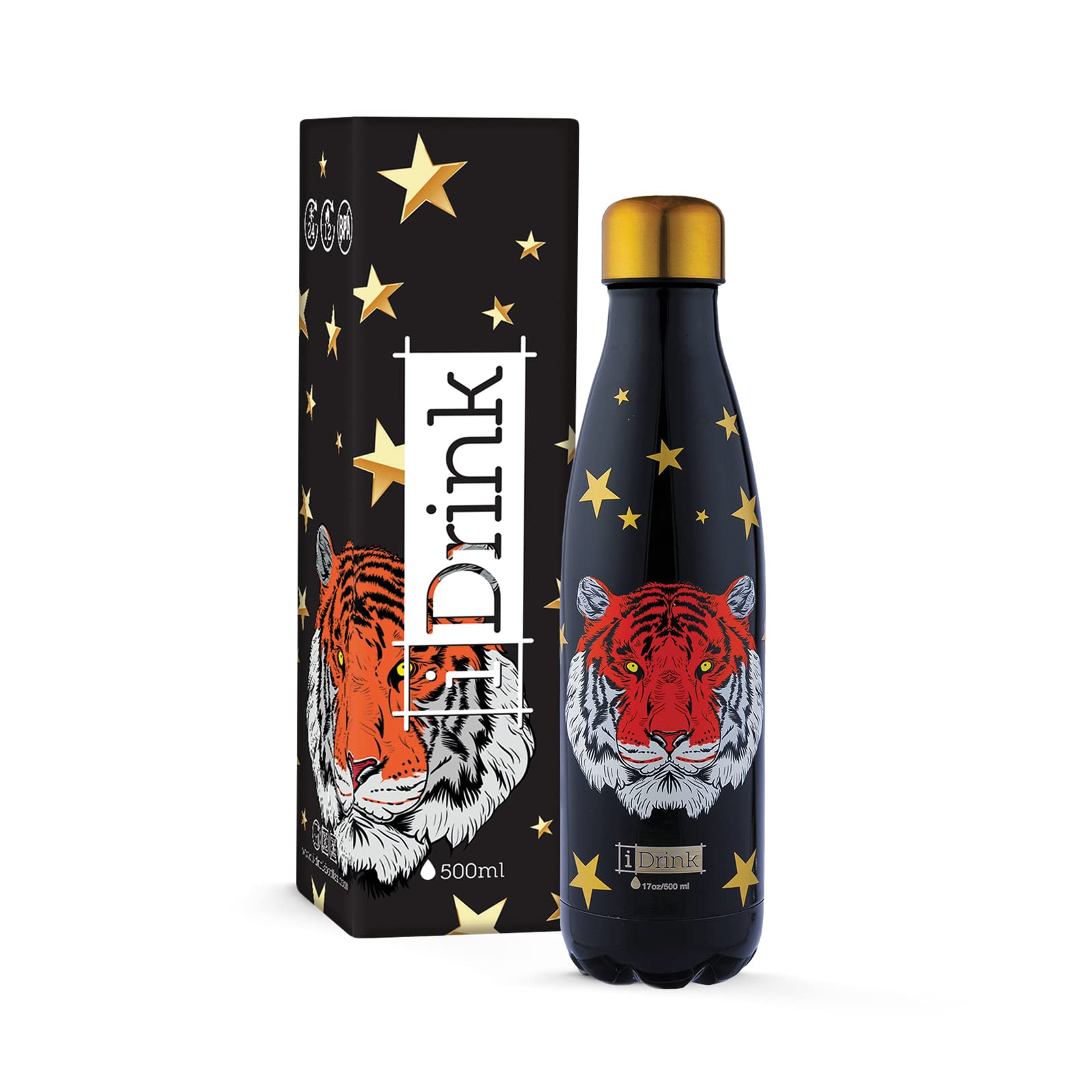 I-Drink Double Wall Steel Thermal Bottle 350/500/750/1.000 ML, Decorated (500 ML, Tiger)